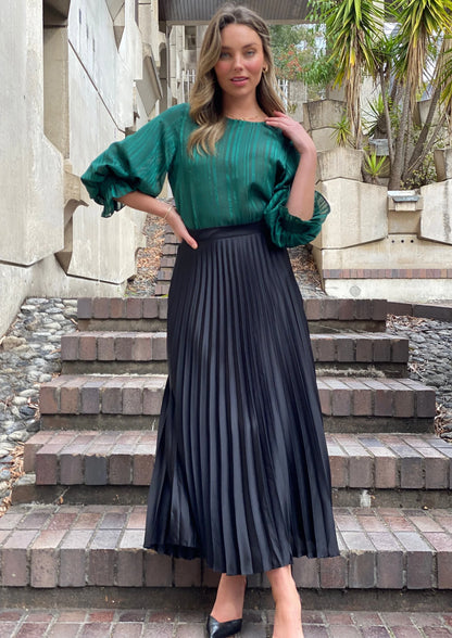 PLEATED LEATHER SATIN SKIRT