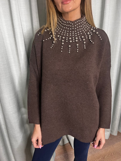 BROWN EMBELLISHED OVERSIZE KNIT