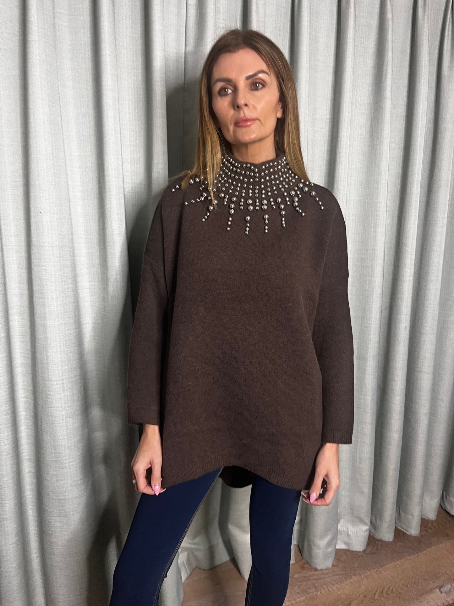 BROWN EMBELLISHED OVERSIZE KNIT