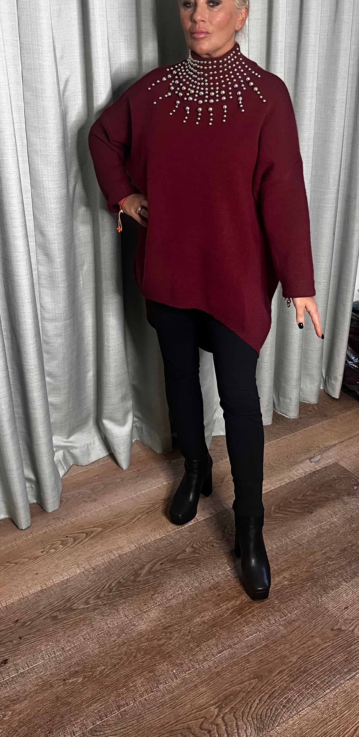 BURGANDY EMBELLISHED OVERSIZED KNIT