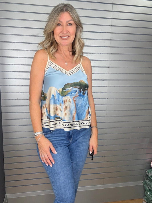 Mosaic Print Silk Cami Light Blue Top