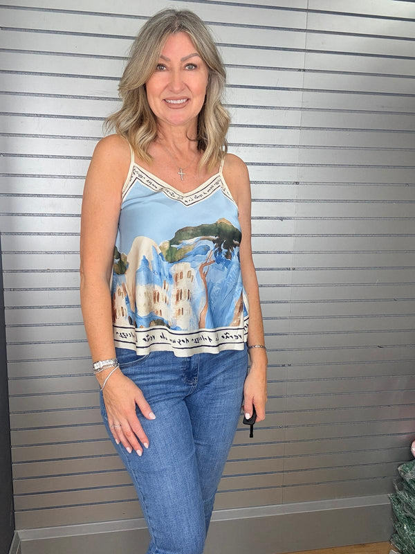 Mosaic Print Silk Cami Light Blue Top