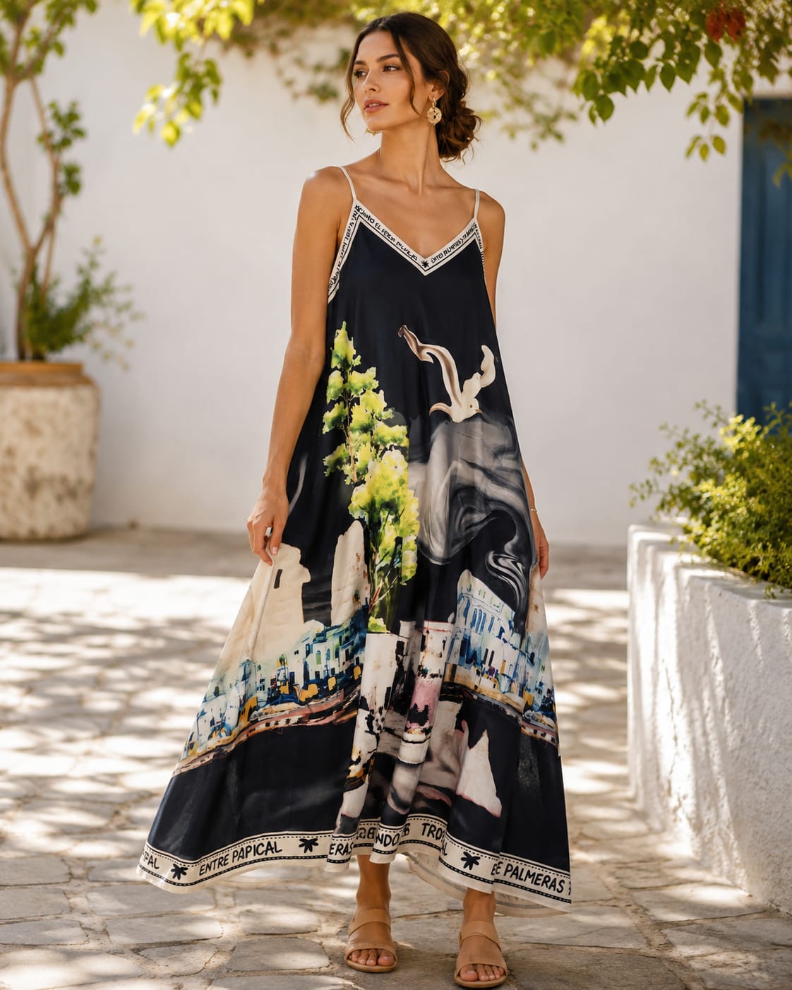 Mosaic Print Silk Dress Black
