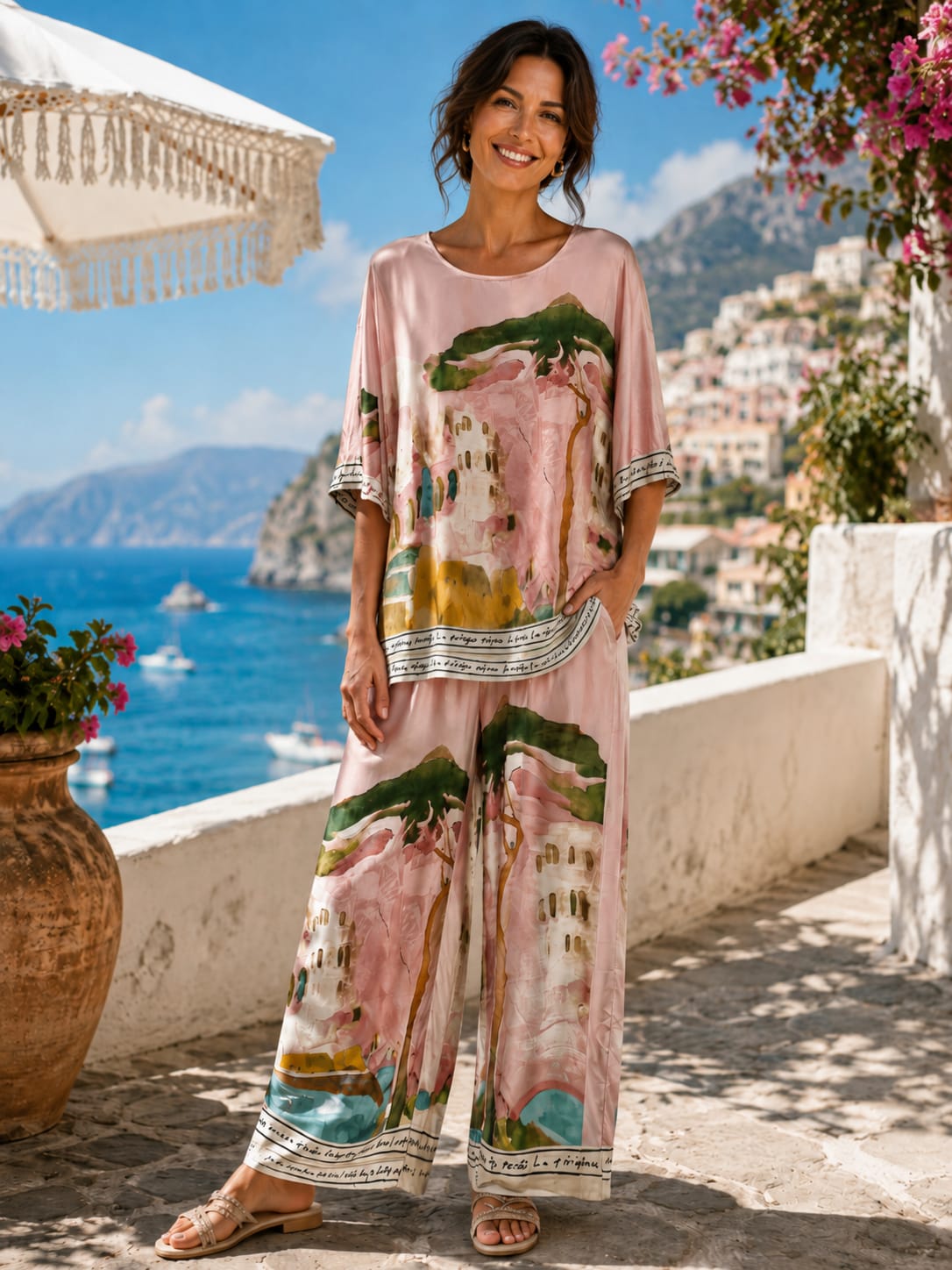 Mosaic Print Silk Two-Piece Set Pink