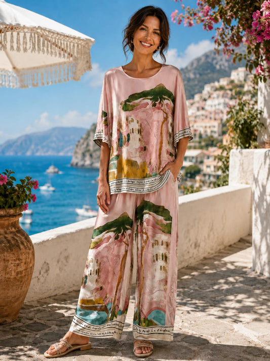 Mosaic Print Silk Two-Piece Set Pink