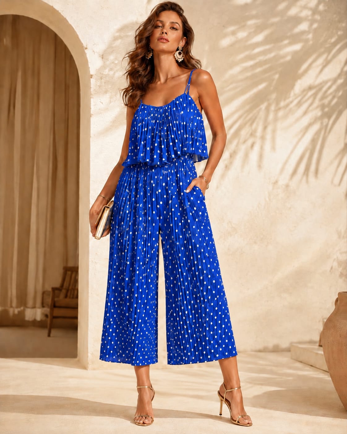 Pleated Polka Dot Wide Leg Jumpsuit Royal Blue