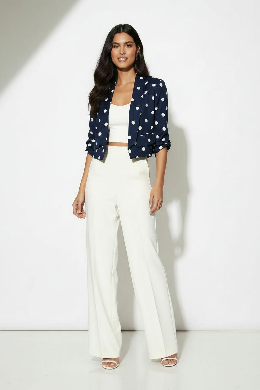 Chic Cropped Navy Polka Dot Blazer