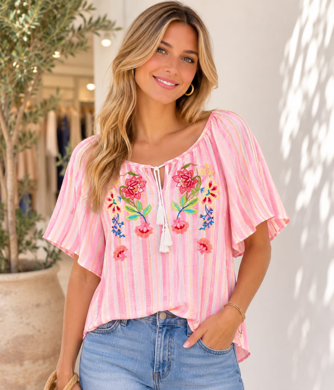 Striped Floral Embroidered Boho Blouse