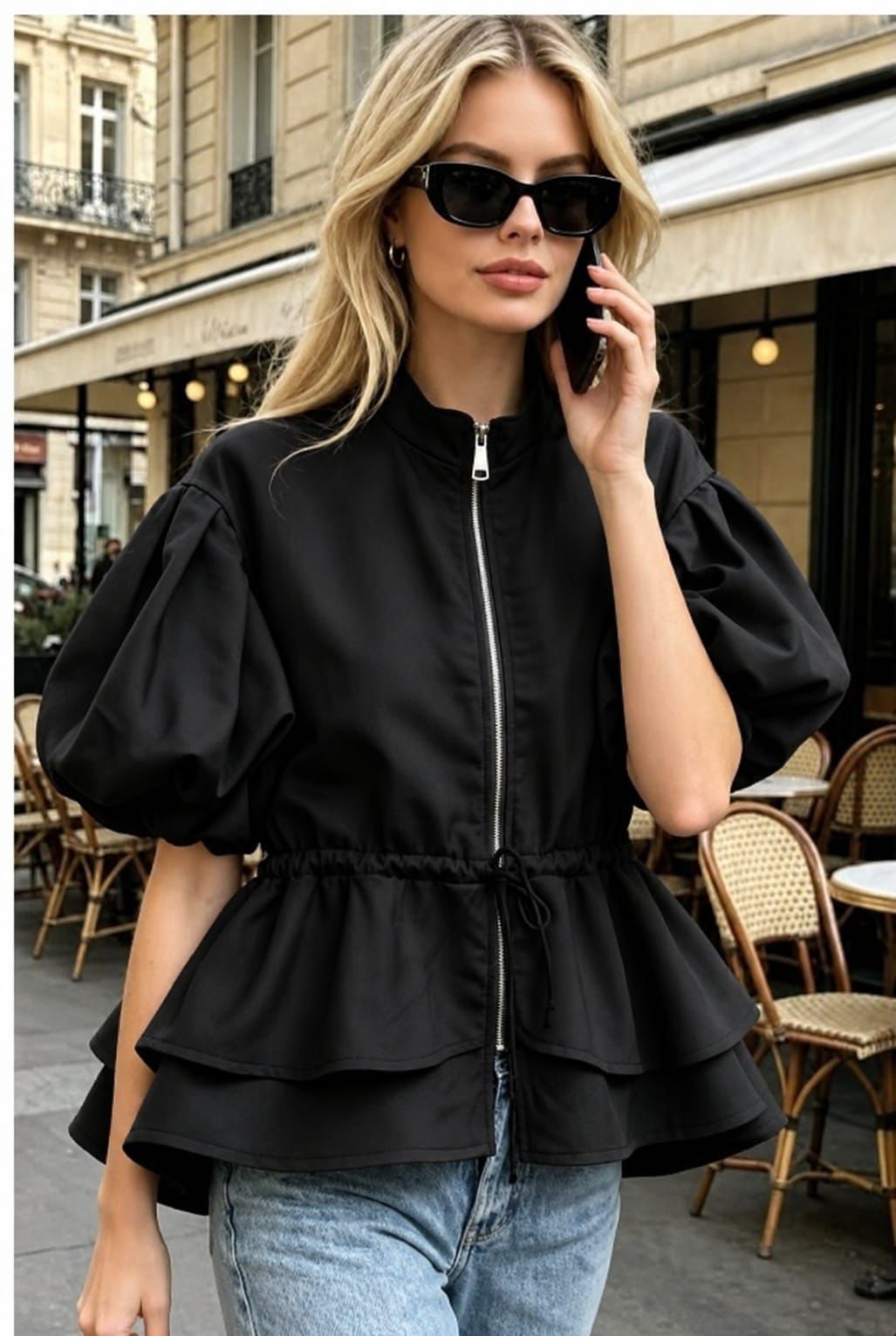 Puff Sleeve Tiered Peplum Jacket Black