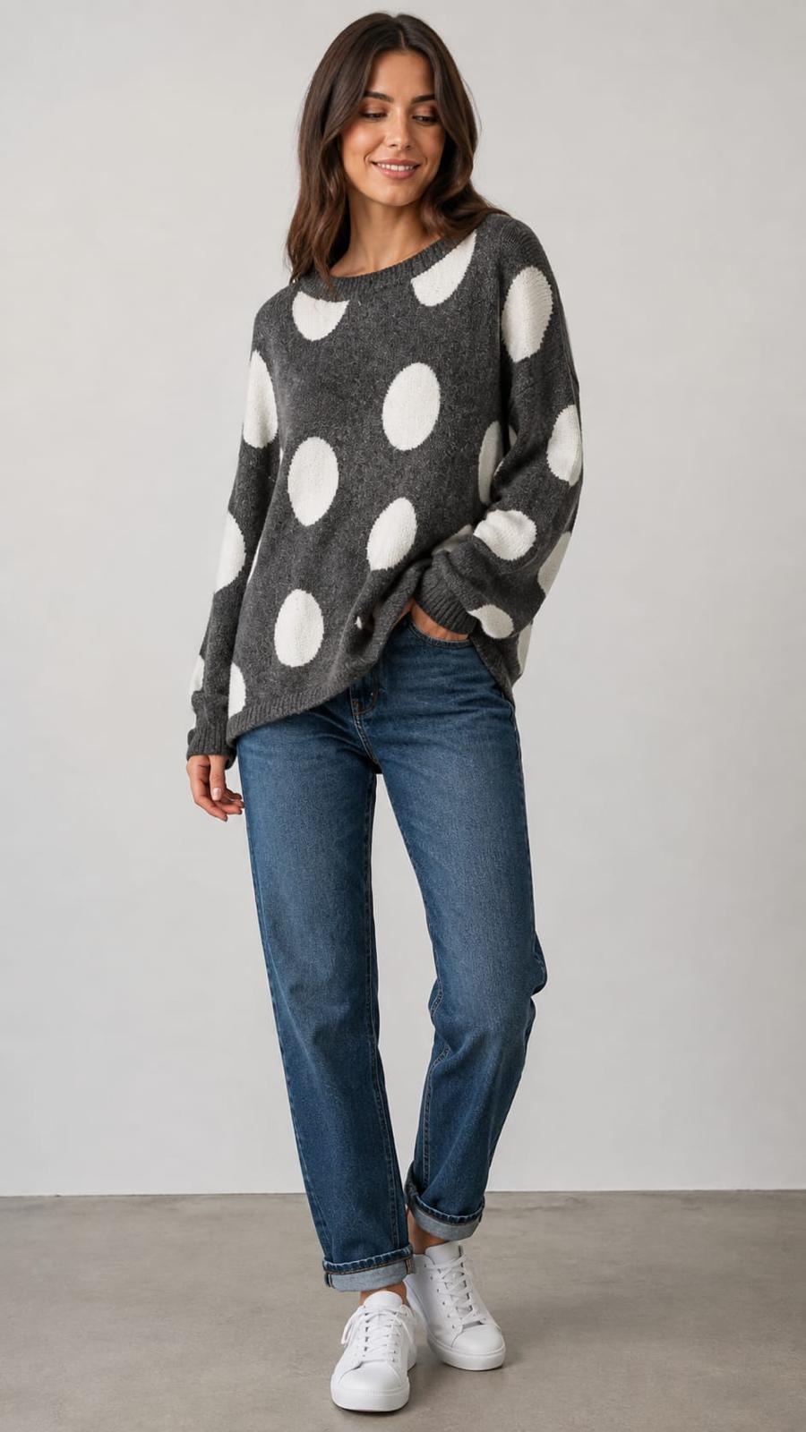 Oversized Polka Dot Knit Grey Poncho Top