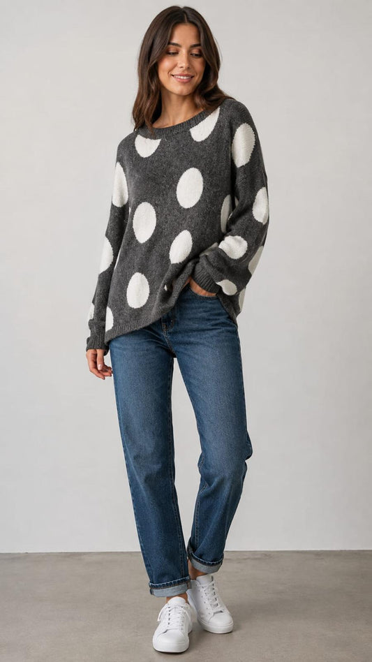 Oversized Polka Dot Knit Grey Poncho Top