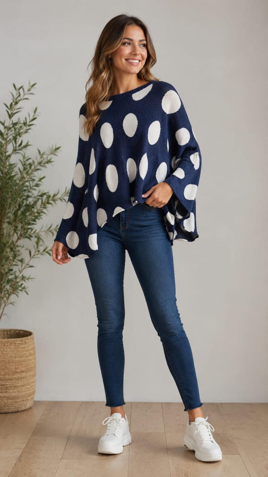 Oversized Polka Dot Knit Blue Poncho Top