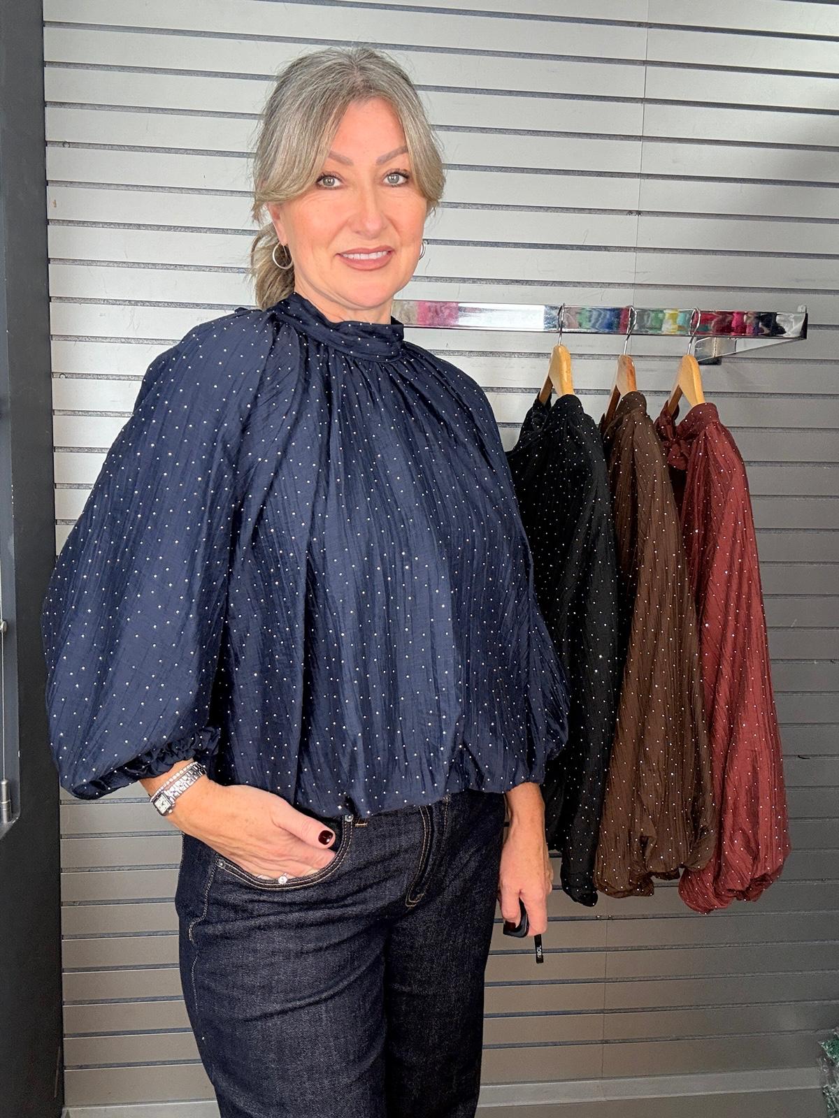 Shimmer Dot Mock Neck Blouse
