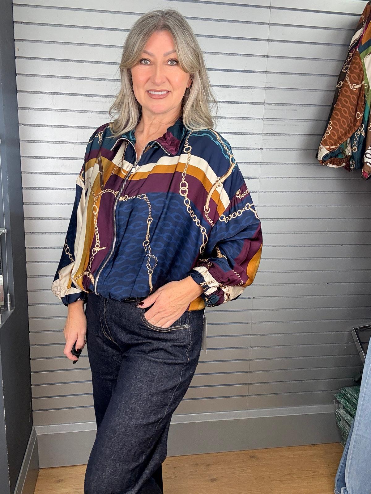 Chain Print Silky Bomber Jacket Navy