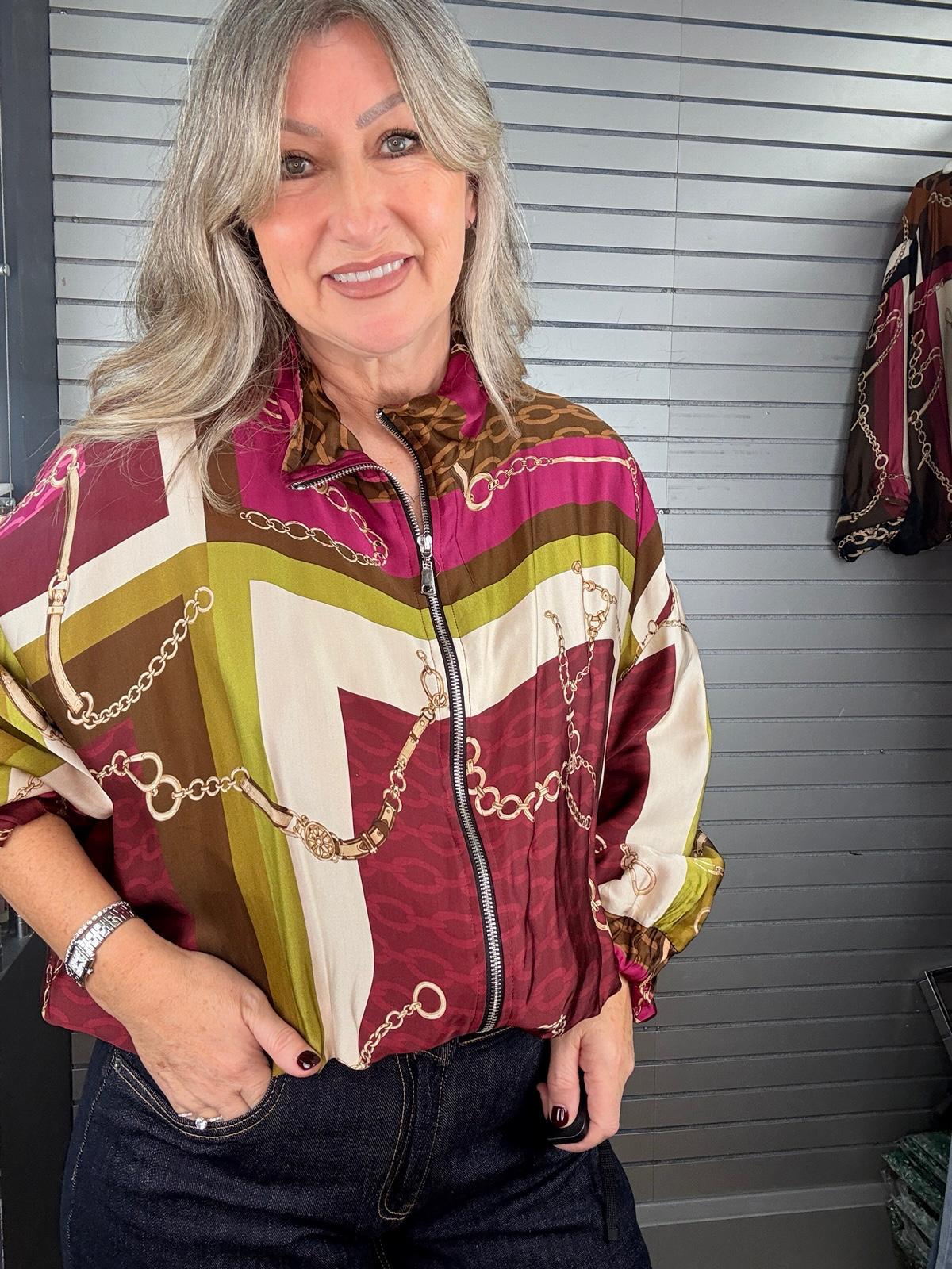 Chain Print Silky Bomber Jacket Burgundy