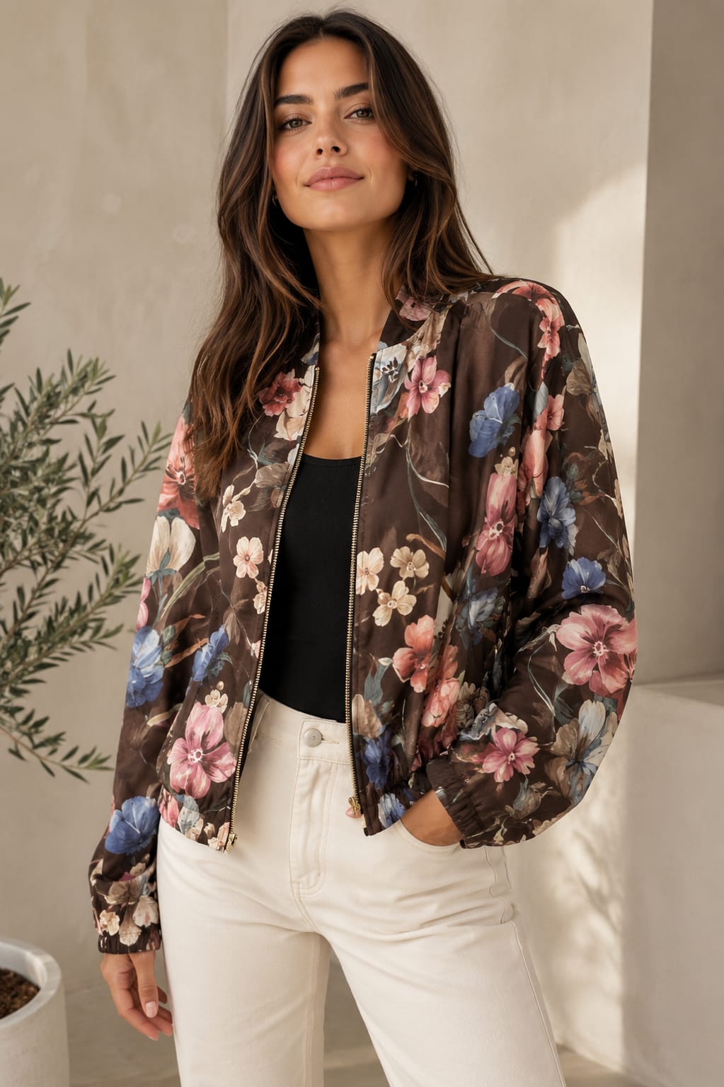 Espresso Floral Silky Bomber Jacket