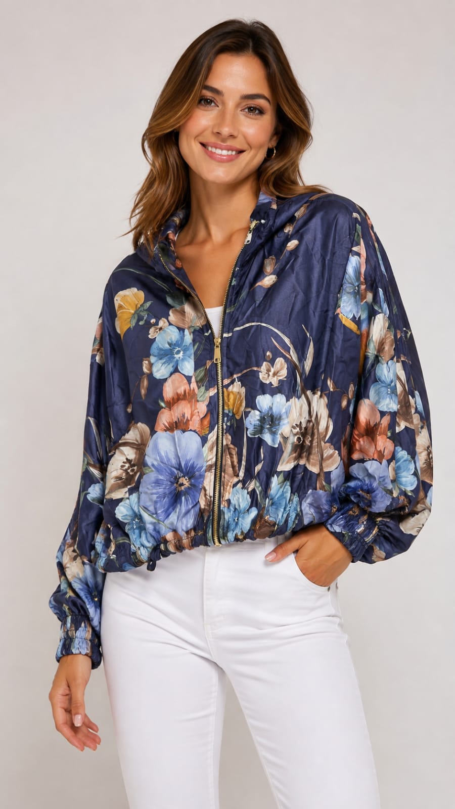 Midnight Floral Silky Navy Bomber Jacket