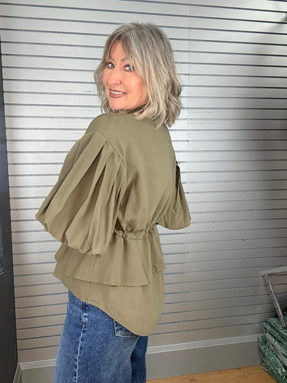 Puff Sleeve Tiered Peplum Jacket Khaki