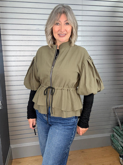 Puff Sleeve Tiered Peplum Jacket Khaki