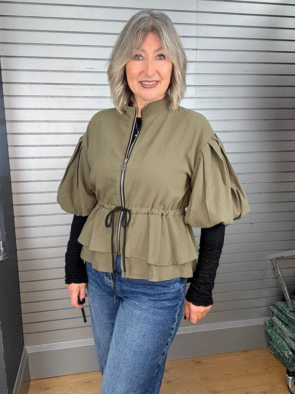 Puff Sleeve Tiered Peplum Jacket Khaki