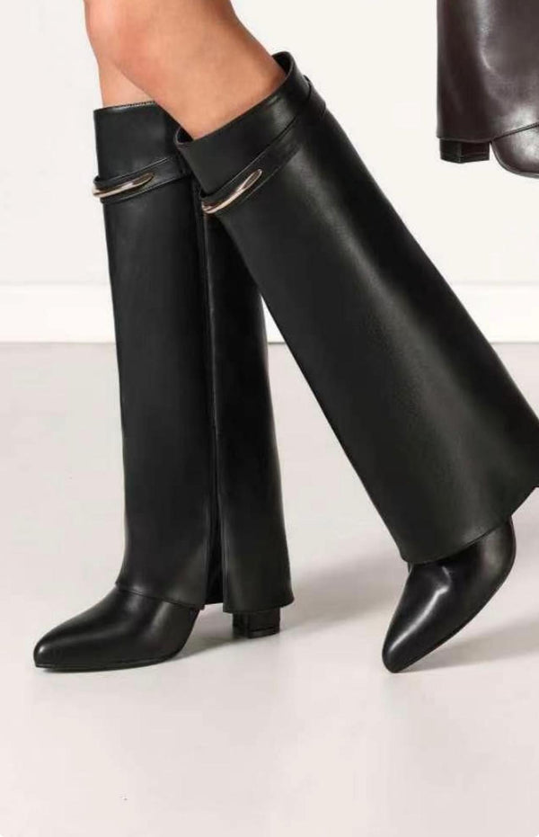 Fold-Over Knee-High Leather Boots