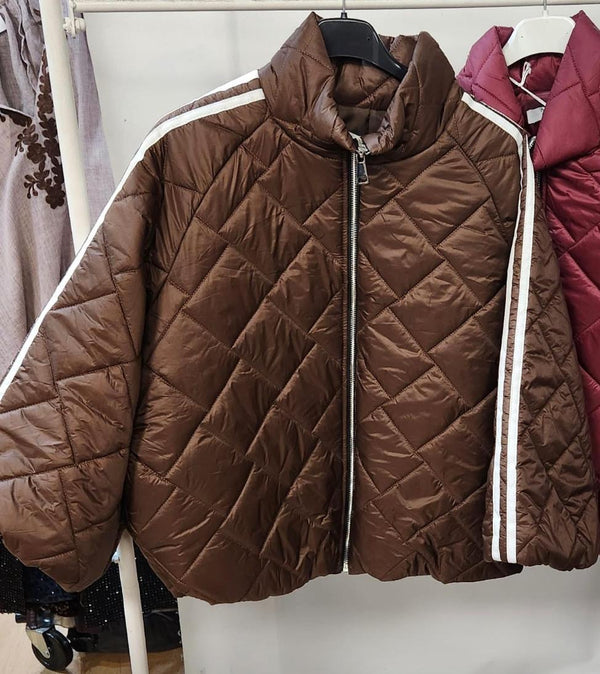 Wide Sleeved Striped Quilted  Jacket Brown