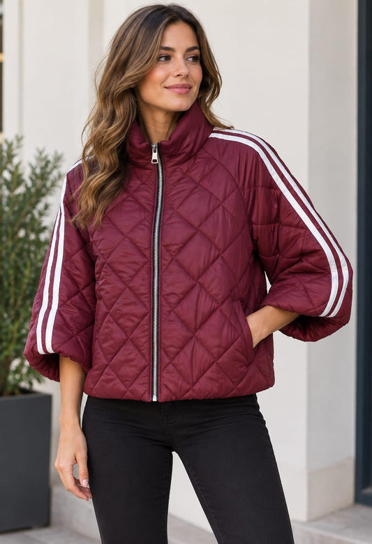 Wide Sleeved Striped Quilted  Jacket Burgundy
