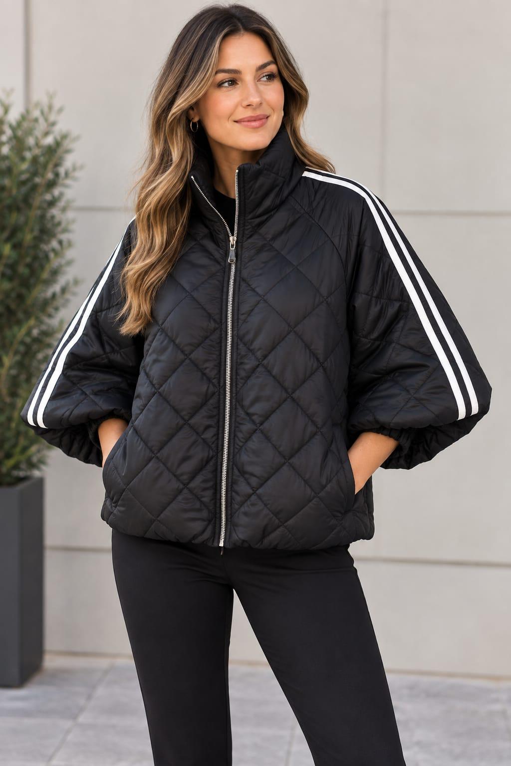Wide Sleeved Striped Bomber Jacket Black