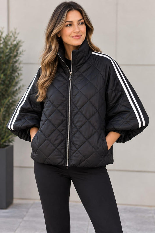 Wide Sleeved Striped Quilted  Jacket Black