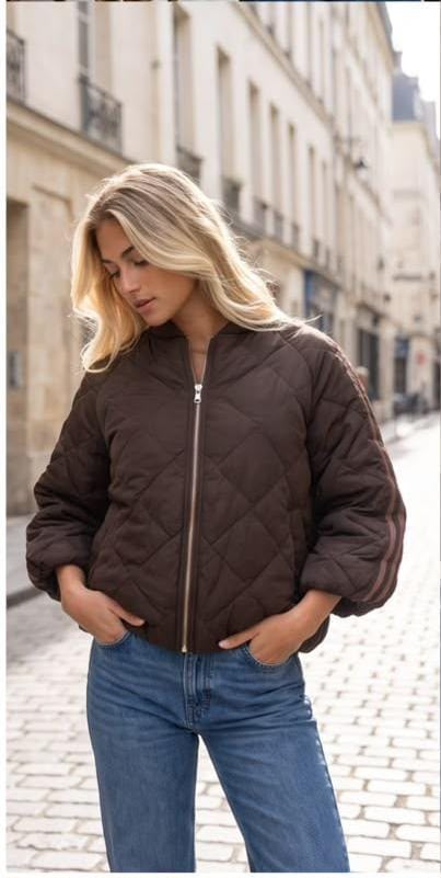 Diamond Quilted Stripe Sleeve Brown Bomber Jacket