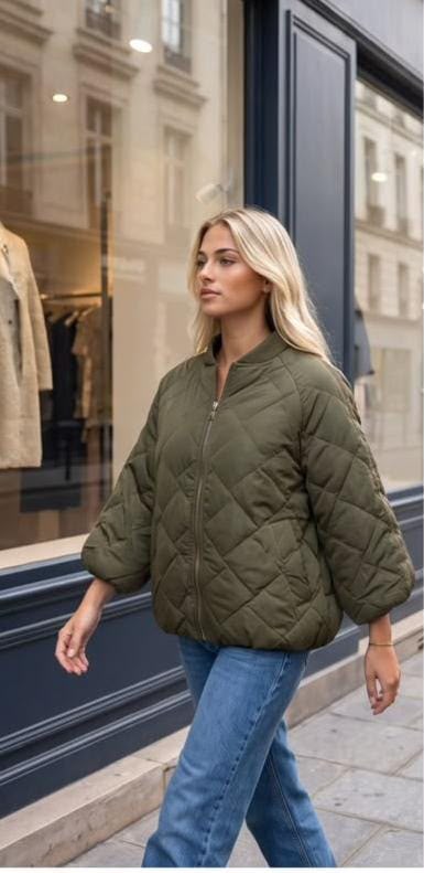 Diamond Quilted Stripe Sleeve Khaki Bomber Jacket