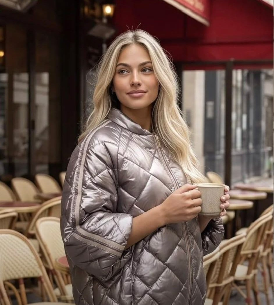 Diamond Quilted Stripe Sleeve Silver Bomber Jacket (Copy)