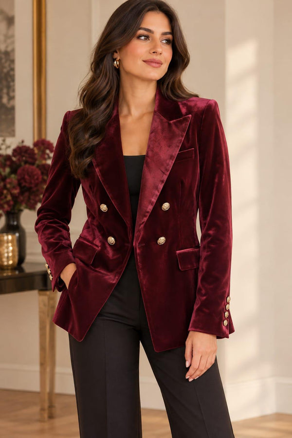 Double-Breasted Velvet Gold Button Blazer Burgundy