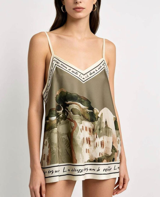 Mosaic Print Silk Cami Khaki Top