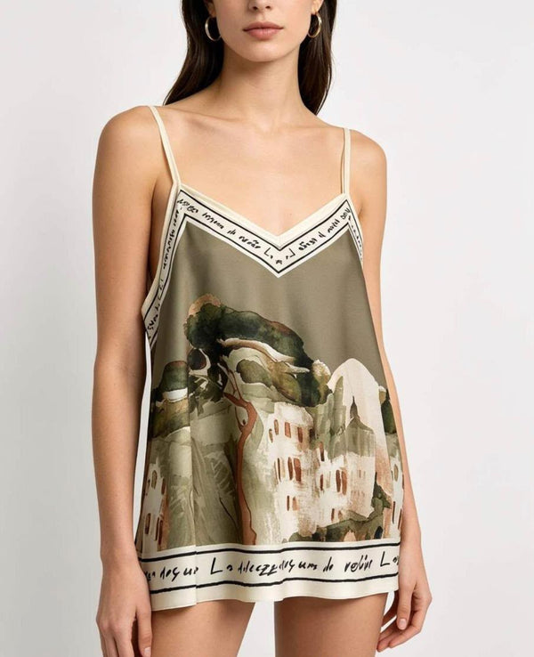 Mosaic Print Silk Cami Khaki Top