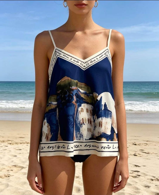Mosaic Print Silk Cami Blue Top