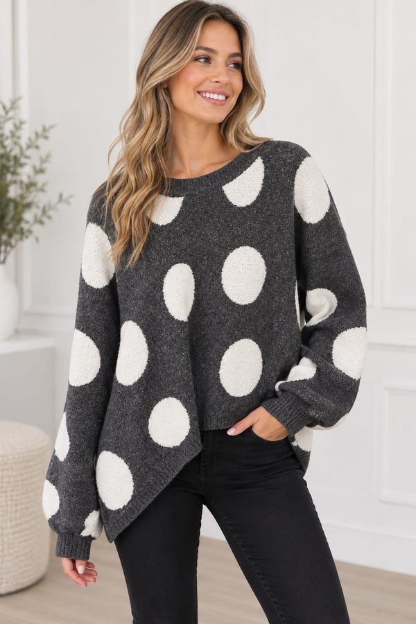 Oversized Polka Dot Knit Grey Poncho Top