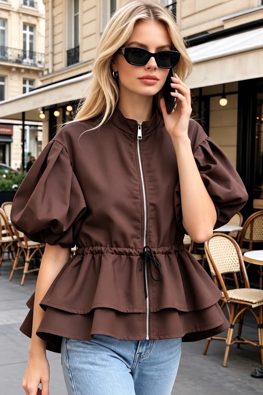 Puff Sleeve Tiered Peplum Jacket Brown