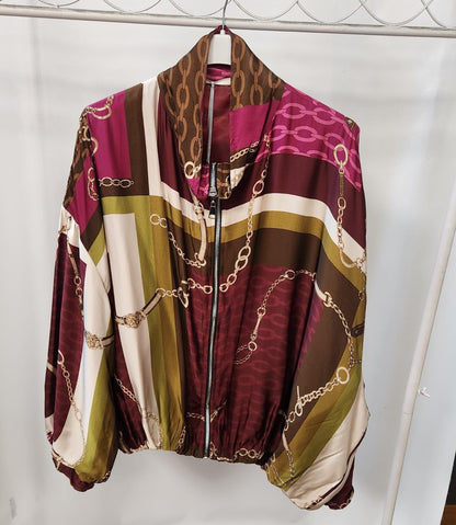 Chain Print Silky Bomber Jacket Burgundy