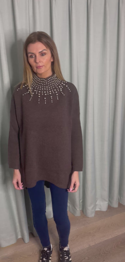 BROWN EMBELLISHED OVERSIZE KNIT