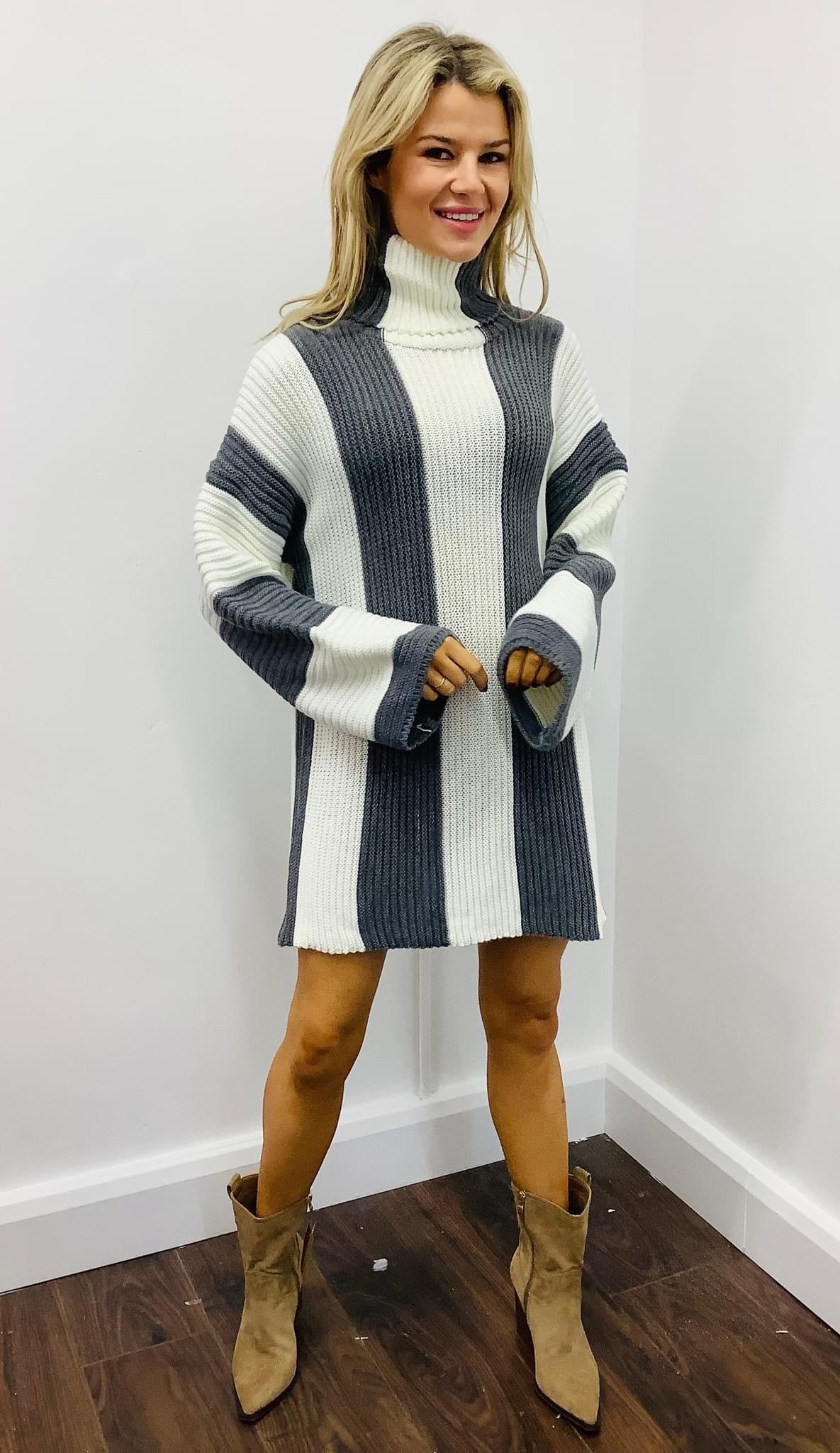 LARA STRIPE KNIT DRESS GREY